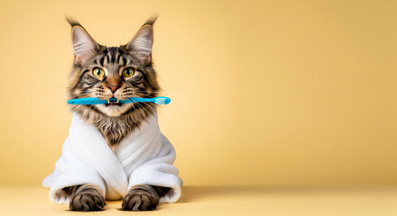 Maine Coon cat in a bathrobe holds a toothbrush. Humorous pet dental hygiene and grooming concept.