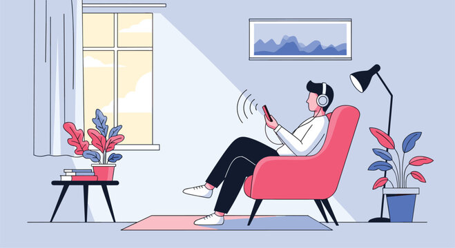 Relaxed young man listening to music on headphones while sitting in a comfortable armchair with a tablet in a bright living room near a window