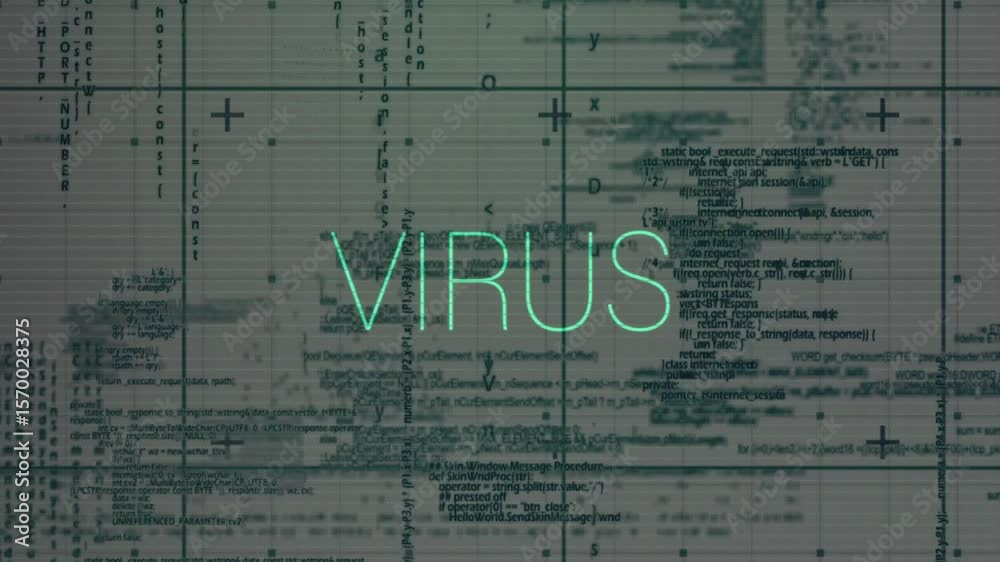 Poster neon-green virus text pulsating glitch lines sweeping grid causing code scattering simulating hack
