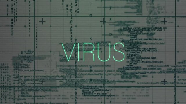 Neon-green virus text pulsating glitch lines sweeping grid causing code scattering simulating hack