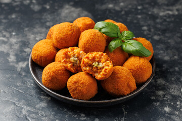 Arancini Rice Balls. Crispy, deep fried rice balls stuffed with mozzarella cheese