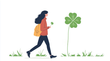 A woman with a backpack walks while holding a four-leaf clover towards a giant four-leaf clover growing in the grass.