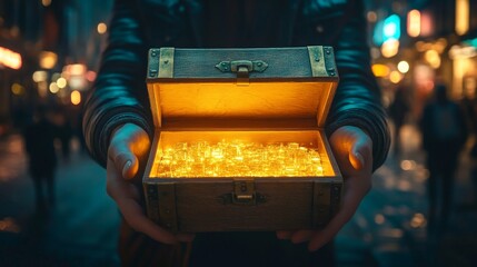 A person holds an open wooden chest glowing with bright, golden light against a blurred urban night background.