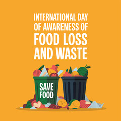 International Day of Awareness of Food Loss and Waste Vector Illustration, Featuring Overflowing Trash Bins, Promoting Food Conservation and Reduction of Environmental Impact on Orange Backdrop