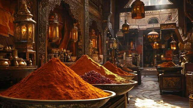 Sunlit spice market; vibrant powders in ornate bowls