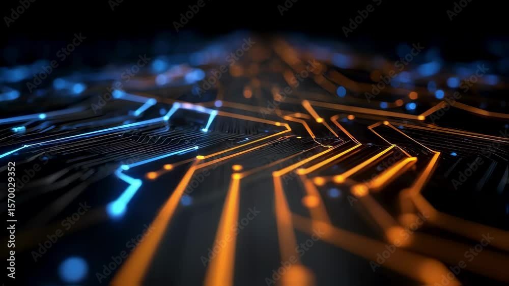 Wall mural futuristic circuit board with glowing blue and orange lights creating a technological and abstract d
