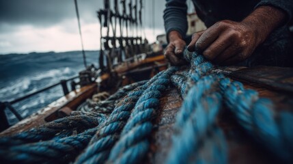 First-person view of hands securing ropes on ship's winch in stormy seas