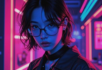 Visual artist in an experimental studio with vibrant neon lighting