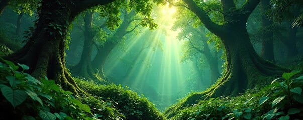 Sunlight Dapples Ancient Rainforest Canopy, Revealing a Mystical, Untouched Wilderness of Lush Green Flora and Ancient Trees.  A Primeval Landscape of Mystery and Vibrancy.
