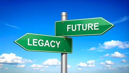 Green Road Signs Showing Legacy vs Future Concept Against Clear Sky