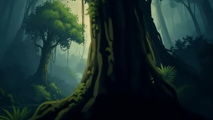 Mystical jungle river scene, sunlit path, lush foliage, game background