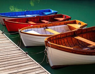 Colorful rowboats at a lakeside dock
