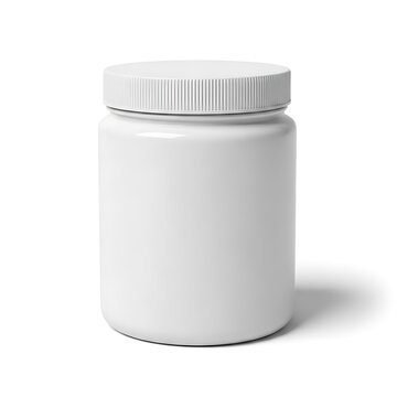 White plastic jar mockup for protein powder supplement packaging container blank product template design 3d render
