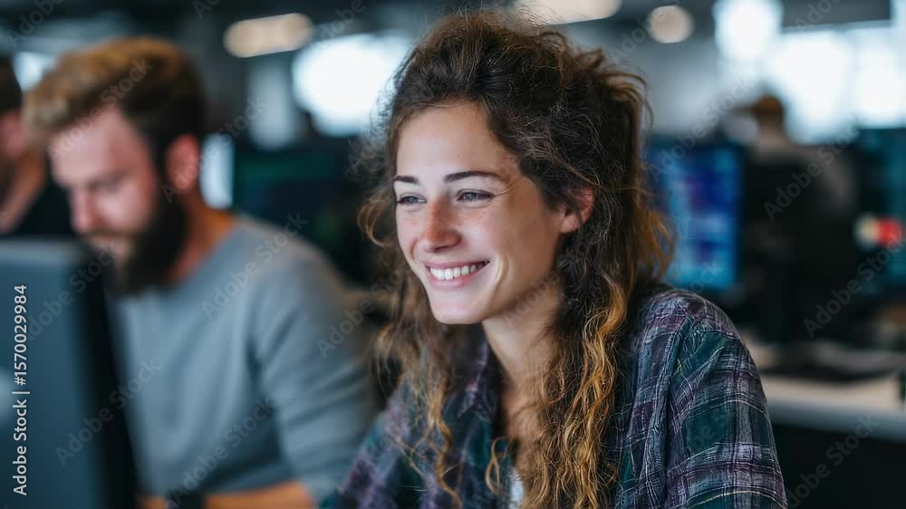 Poster young female programmer smiling while coding on a computer in a bustling office, collaborating with 