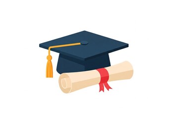 College Graduation Cap and Diploma. This illustration features a navy mortarboard with a vibrant tassel alongside a rolled academic scroll tied with a red ribbon. It represents educational.