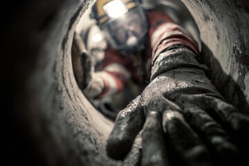 First-Person View of Rescuer Climbing into Narrow Tunnel with Protective Gear