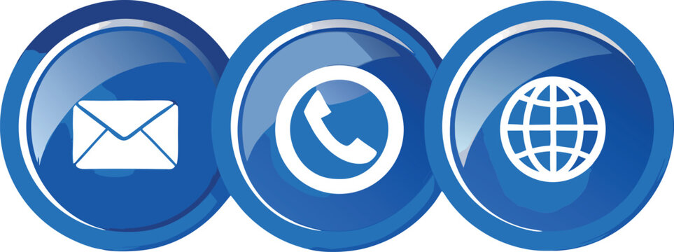 Three blue glossy circular icons representing communication methods email phone and global internet connectivity isolated on transparent background silhouette