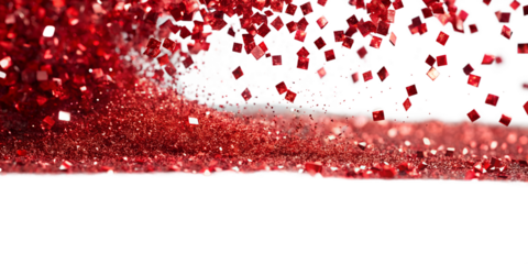 Festive red glitter explosion with square confetti on transparent background