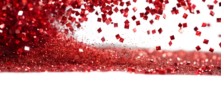 Festive red glitter explosion with square confetti on transparent background - Powered by Adobe