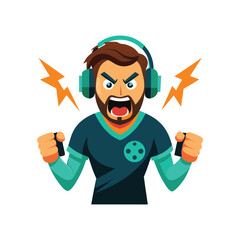 Angry gamer with headset glowing controller intense rage Vector illustration