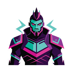 Glitch effect warrior with neon armor fierce pose Vector illustration