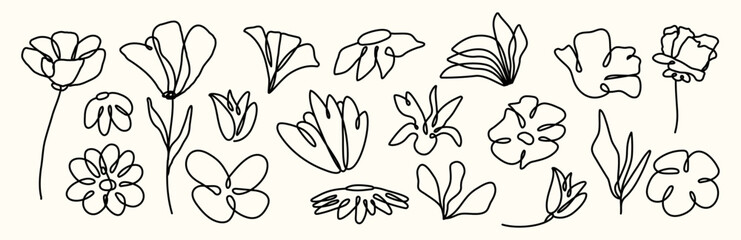  Line art. Brush. Boho flowers silhouette. Charcoal, pencil, crayon. Doodle. Hand drawn. Tattoo scribble. Abstract ink. Grunge texture. Minimalism set. Botany plants. Simple elements. Editable stroke.