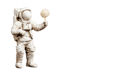 Astronaut enjoying cotton candy outer space sculpture whimsical close-up fun in zero gravity