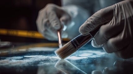 Forensic Investigator Dusting Fingerprints on Glass at Crime Scene