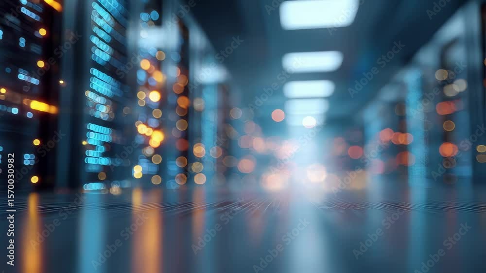 Poster server racks are reflecting blinking lights on the raised floor in a modern data center, creating a 