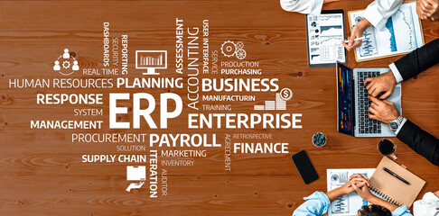 Aerial view of individuals discussing strategic planning and enterprise resource management,...