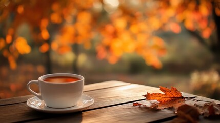 Cozy autumn scene featuring a white cup of tea or coffee on rustic wooden table against a blurred background of vibrant fall foliage. Perfect for cozy autumn marketing