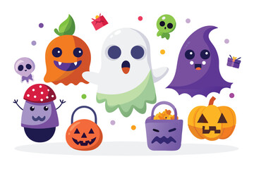 Obraz premium Cute halloween characters and candy buckets ghosts pumpkins