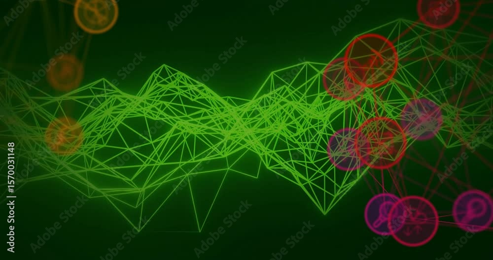 Poster neon green wireframe mesh undulating with red magenta nodes pulsing showing data network patterns