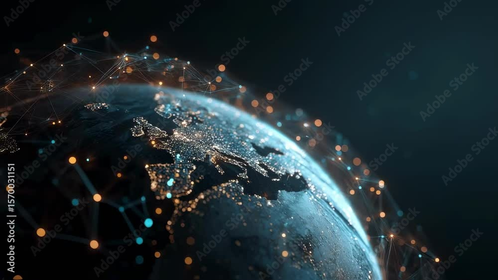 Poster stunning visualization of a digital network connecting continents across the earth, showcasing glowi