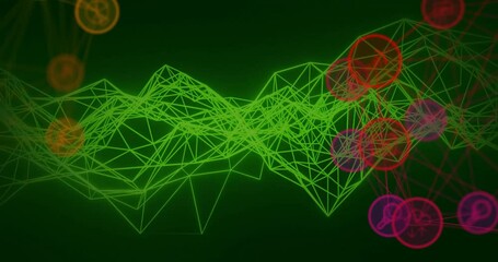 Neon green wireframe mesh undulating with red magenta nodes pulsing showing data network patterns - Powered by Adobe
