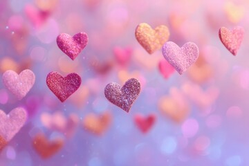 Obraz premium Glittery pink and purple hearts float against a dreamy, soft-focus background with bokeh lights, creating a romantic and whimsical atmosphere