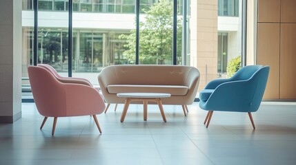 Modern waiting area with pastel-colored furniture and city views