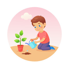 Young Boy Tending to a Plant A Visual Representation of Growth and Nurturing