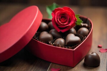 Heart-Shaped Box Overflowing with Chocolates and a Rose Romantic Valentines Day Gift
