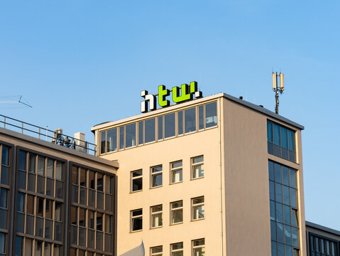 BERLIN, GERMANY - 13. July 2023: HTW Berlin logo sign on a building exterior. University of Applied Sciences campus viewed from the Spree river. Facade of the building G.