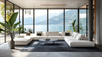 Fototapeta premium Modern living room with lake view