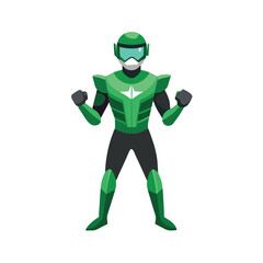 High tech armored hero with green visor and clenched pose Vector illustration