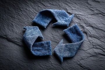 A denim fabric is shaped into a recycling symbol on a dark textured stone background, representing sustainable fashion and textile recycling