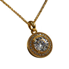Elegant round diamond pendant necklace with gold chain isolated on transparent background
