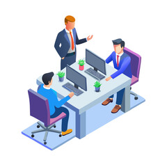 Isometric Illustration Business Team Meeting Collaboration Office Workers Teamwork Project Discussion