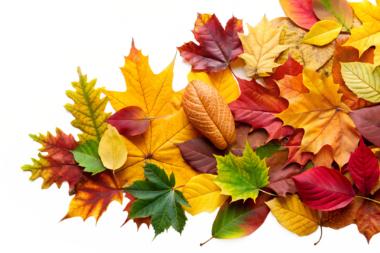 A colorful arrangement of vibrant autumn foliage on a black backdrop showcases the season's beauty with yellow, red, and green maple leaves, transparent background