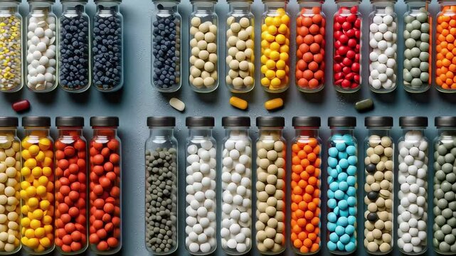 Colorful assortment of vitamins and supplements in glass bottles arranged neatly on a gray surface