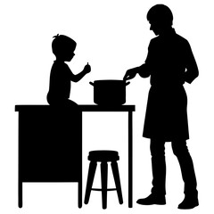 Silhouette of Parent and Child Cooking Together Family Kitchen Scene Culinary Activity Cooking Pot Child Helping Kitchen Table Stool Father and Son Black and White Illustration