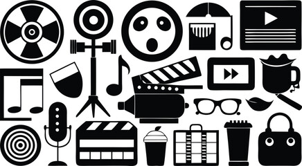 Cinema and Entertainment Icon Set: A versatile collection of iconic illustrations capturing the essence of cinema, entertainment, and related elements in a clean, bold style.