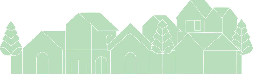 Serene Townscape: A peaceful townscape illustration featuring a row of charming houses and verdant trees. The simple design and muted color palette creates a sense of calm.